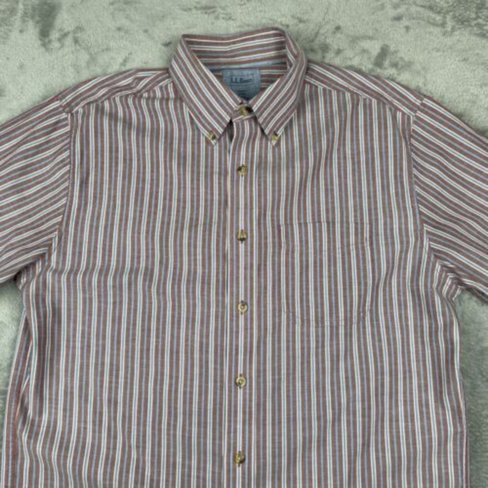 LL Bean Mens Trim Fit Red/blue Striped Button Up Med-Reg WrinkleResistant SS